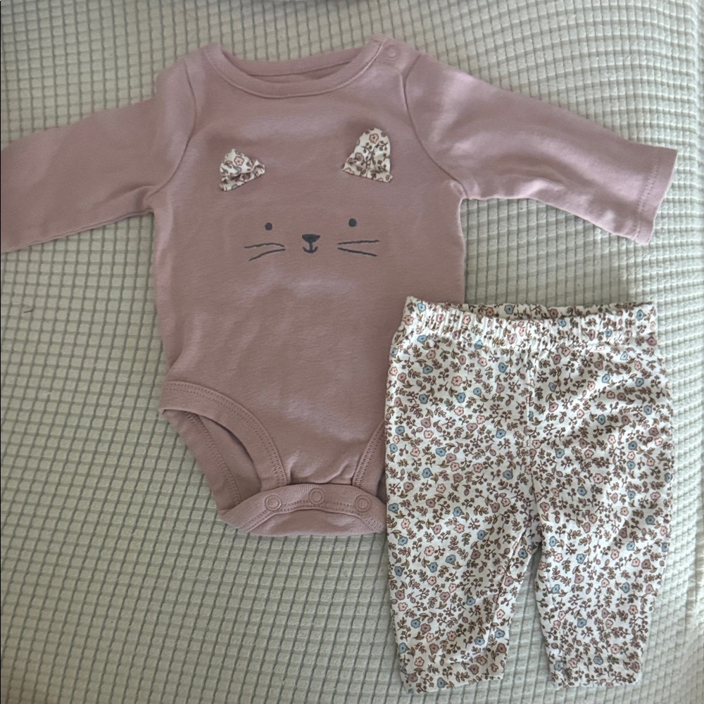 Carter's Mauve Cat Bodysuit and Floral Pants Set